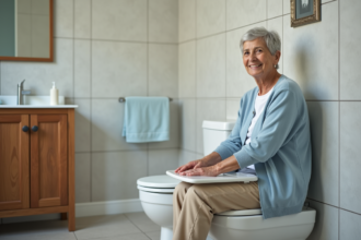 Femme agee souriante assise sur un WC accessible dans une salle de bain moderne