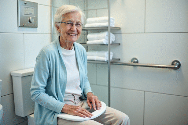 Femme agee souriante sur siège de toilette adapté