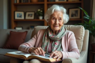 Femme de 103 ans feuilletant un album photo familial