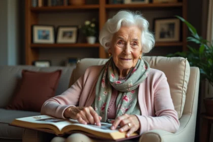 Femme de 103 ans feuilletant un album photo familial