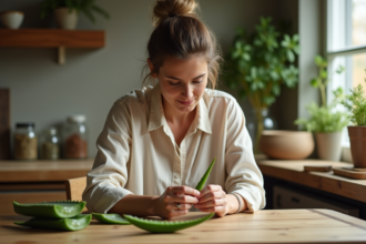 Femme tenant une feuille d'aloe vera dans une cuisine naturelle