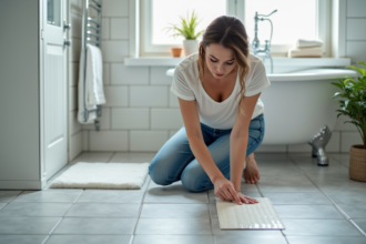 Femme appliquant des bandes antidérapantes sur le sol de la salle de bain