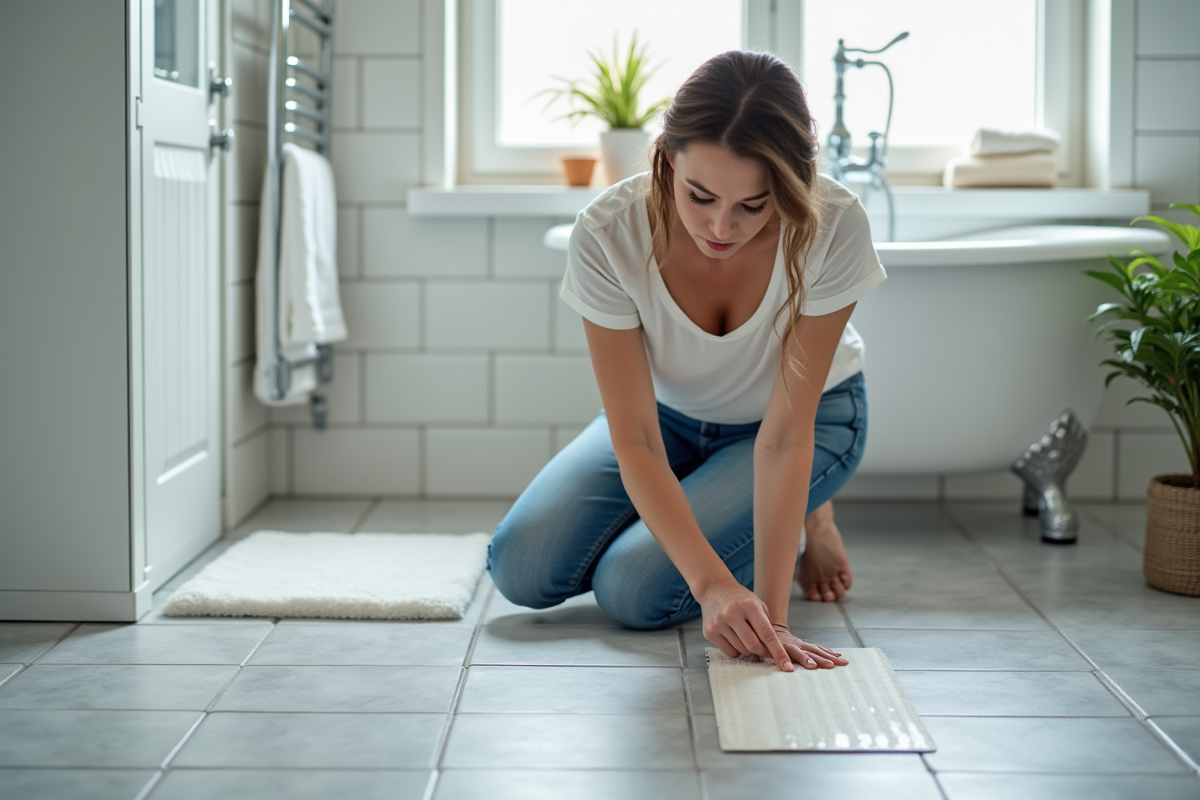 Femme appliquant des bandes antidérapantes sur le sol de la salle de bain