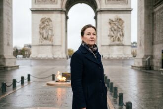 Femme en manteau navy devant la flamme éternelle de l Arc de Triomphe