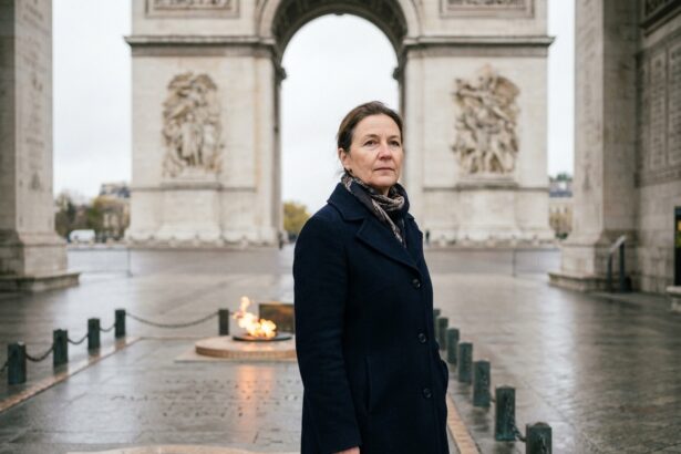Femme en manteau navy devant la flamme éternelle de l Arc de Triomphe