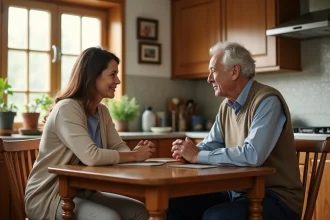 Femme de 40 ans parle avec son père dans la cuisine chaleureuse