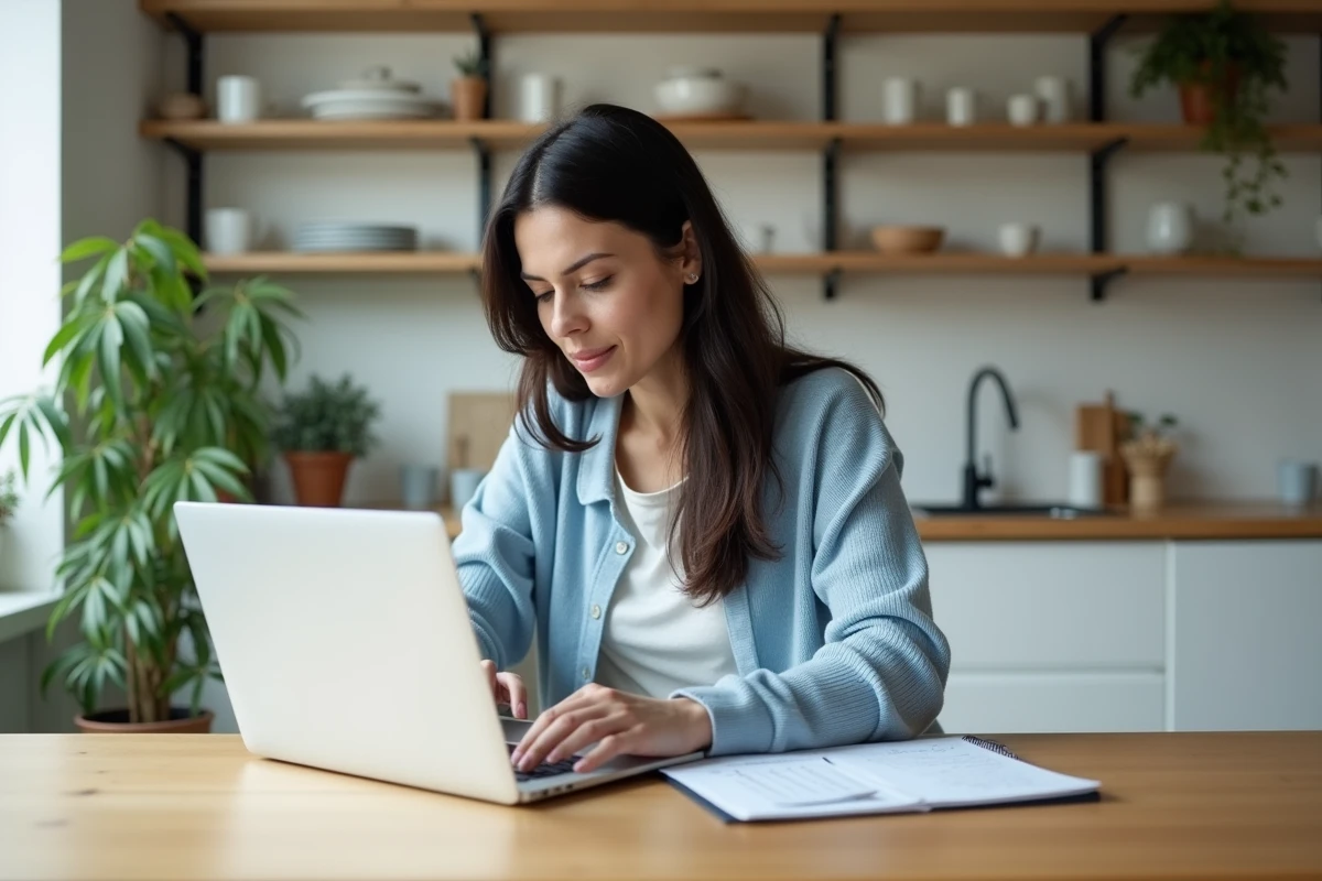 Femme assise à la cuisine avec ordinateur et carnet
