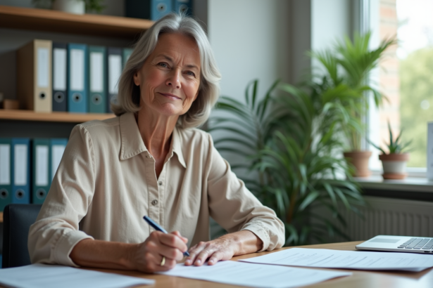 Femme assise au bureau en train de remplir un formulaire d'aide à l'achat de voiture