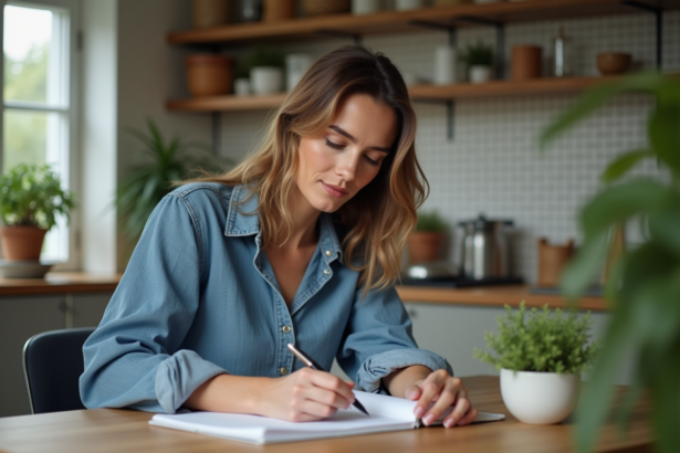 Femme assise à la cuisine en train de calculer son année personnelle