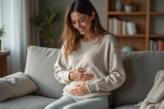 Femme détendue avec chauffe-plaids dans un salon cosy