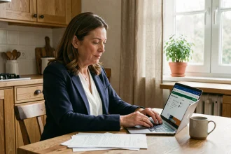 Femme consultant le portail Mon proxima.fr sur un ordinateur portable à la table de cuisine pour gérer la protection juridique familiale