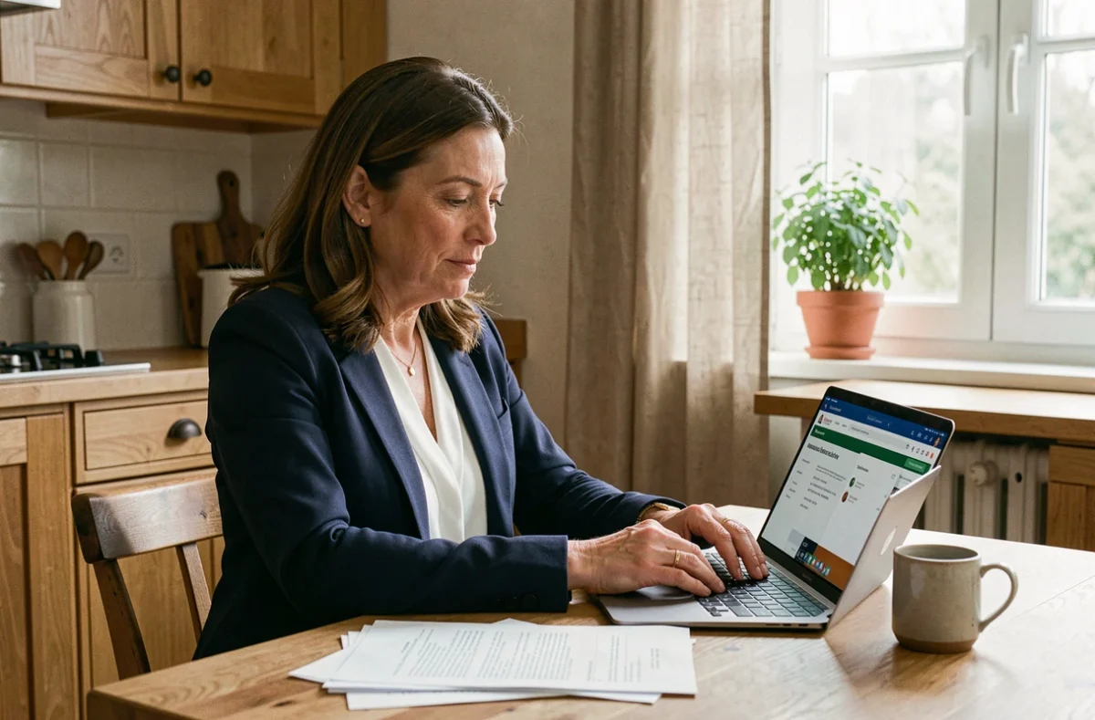 Femme consultant le portail Mon proxima.fr sur un ordinateur portable à la table de cuisine pour gérer la protection juridique familiale