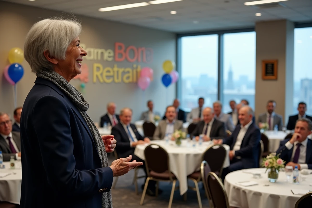 Femme prononçant un discours humoristique pince-sans-rire lors d'une célébration de retraite en salle de conférence
