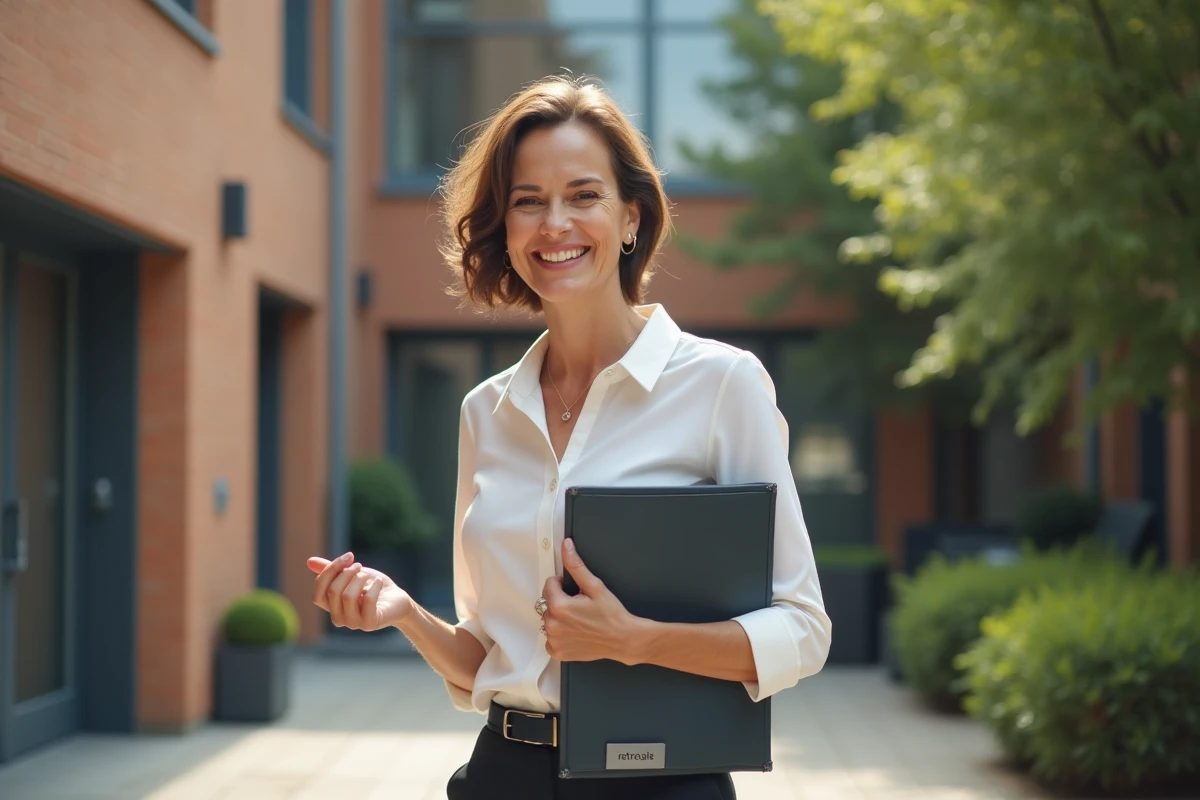 Femme souriante discutant devant une école en France