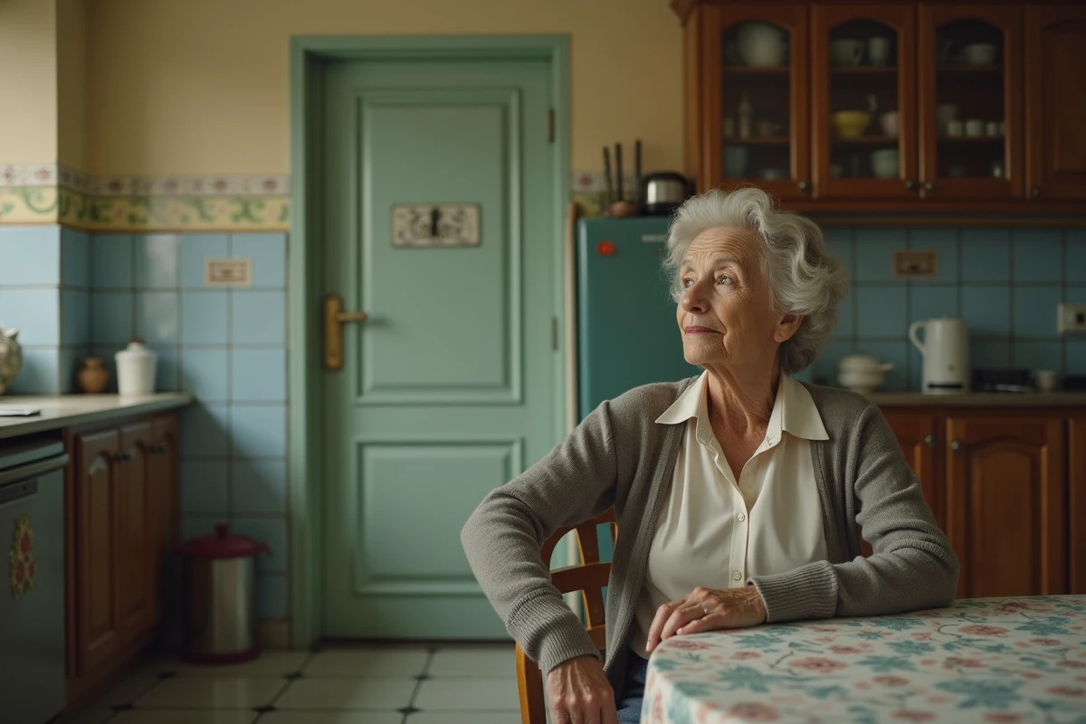 Femme âgée assise seule à la table de cuisine