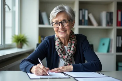 Femme âgée souriante remplissant des papiers administratifs