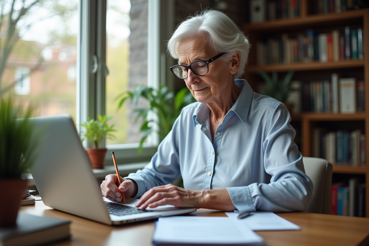 Femme âgée travaillant sur son ordinateur à la maison