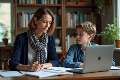 Femme en cardigan encourageant un adolescent à une table