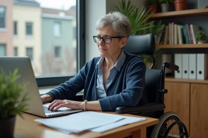 Femme en situation de handicap moteur en fauteuil roulant électrique consultant des documents administratifs sur l'AAH 2026 à son bureau à domicile