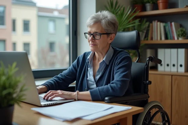 Femme en situation de handicap moteur en fauteuil roulant électrique consultant des documents administratifs sur l'AAH 2026 à son bureau à domicile