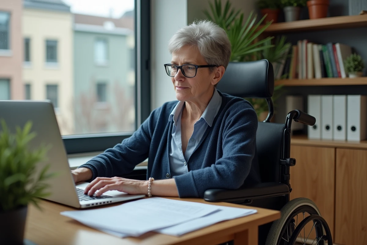 Femme en situation de handicap moteur en fauteuil roulant électrique consultant des documents administratifs sur l'AAH 2026 à son bureau à domicile