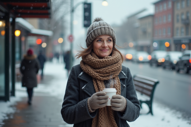 Femme d'âge moyen au bus stop en hiver neigeux