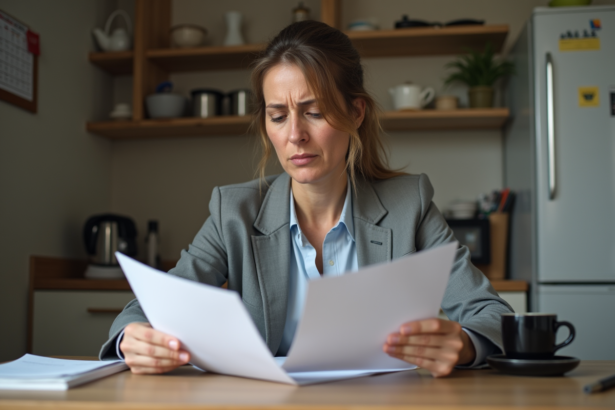 Femme d'âge moyen examinant des papiers à la maison