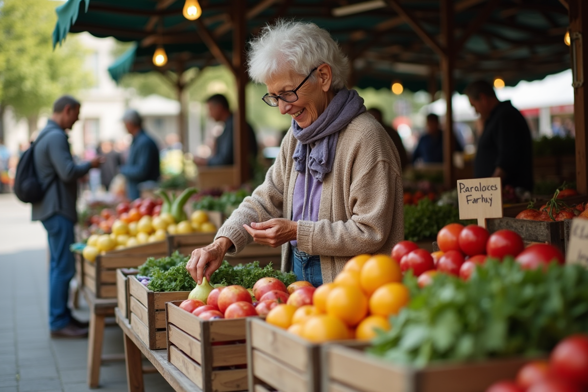 Femme âgée souriante choisissant des fruits au marché