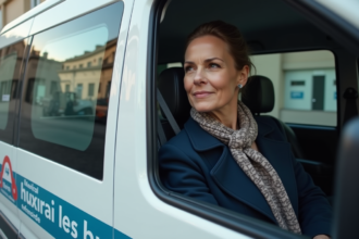 Femme calme dans un taxi médical devant un hôpital