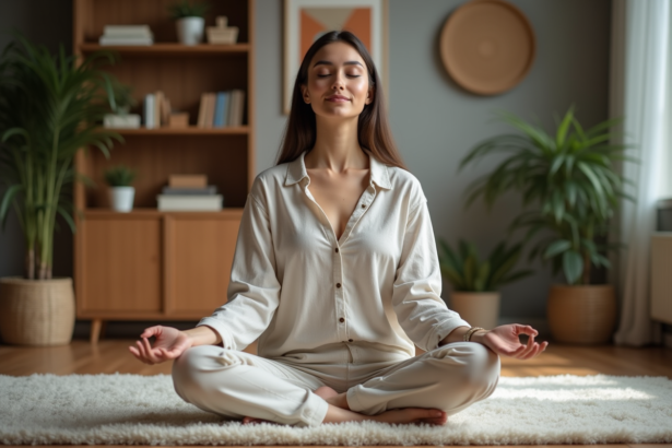 Femme méditant dans un salon chaleureux et lumineux