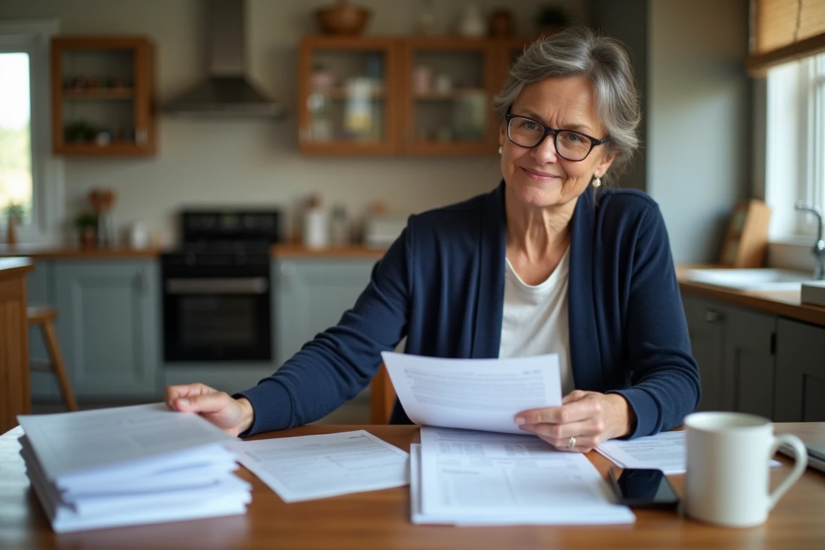 Femme d'âge moyen organisant des papiers à la maison