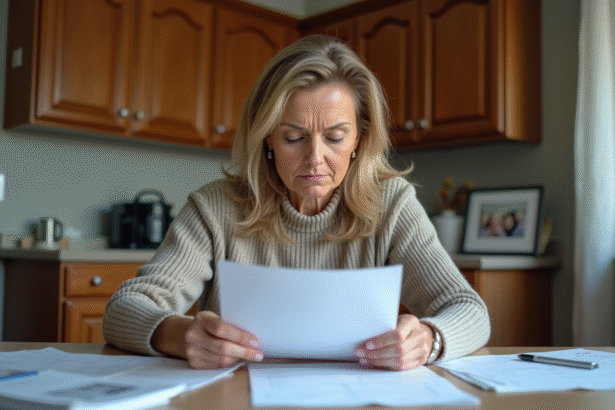 Femme d'âge moyen examinant des factures dans la cuisine