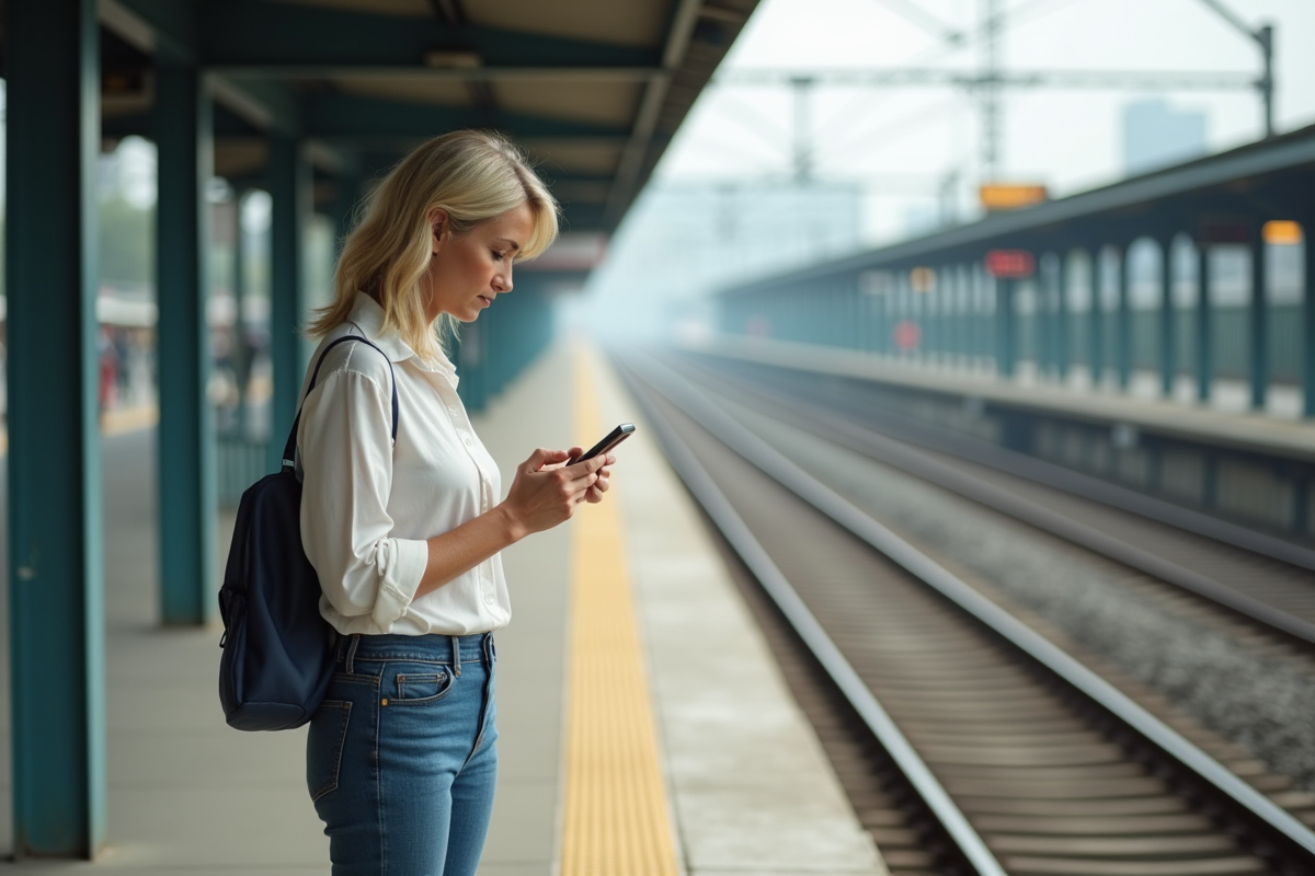 Femme d age moyen regardant son téléphone sur une plateforme de train