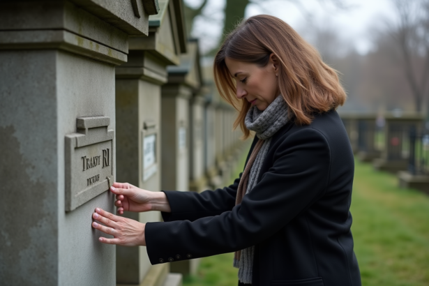 Femme posant une plaque gravée sur une tombe ancienne