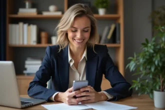 Femme d'affaires souriante utilisant une application juridique