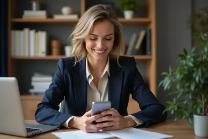 Femme d'affaires souriante utilisant une application juridique