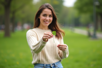 Femme souriante tenant un quatrefeuilles dans un parc urbain