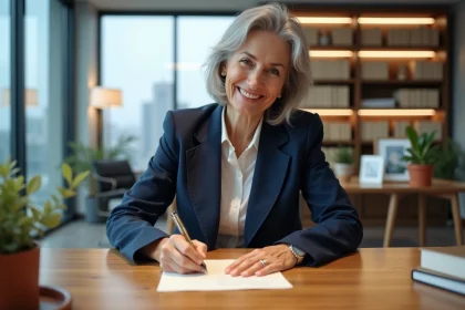 Femme souriante rédigeant un discours de retraite à son bureau dans un cadre de bureau professionnel
