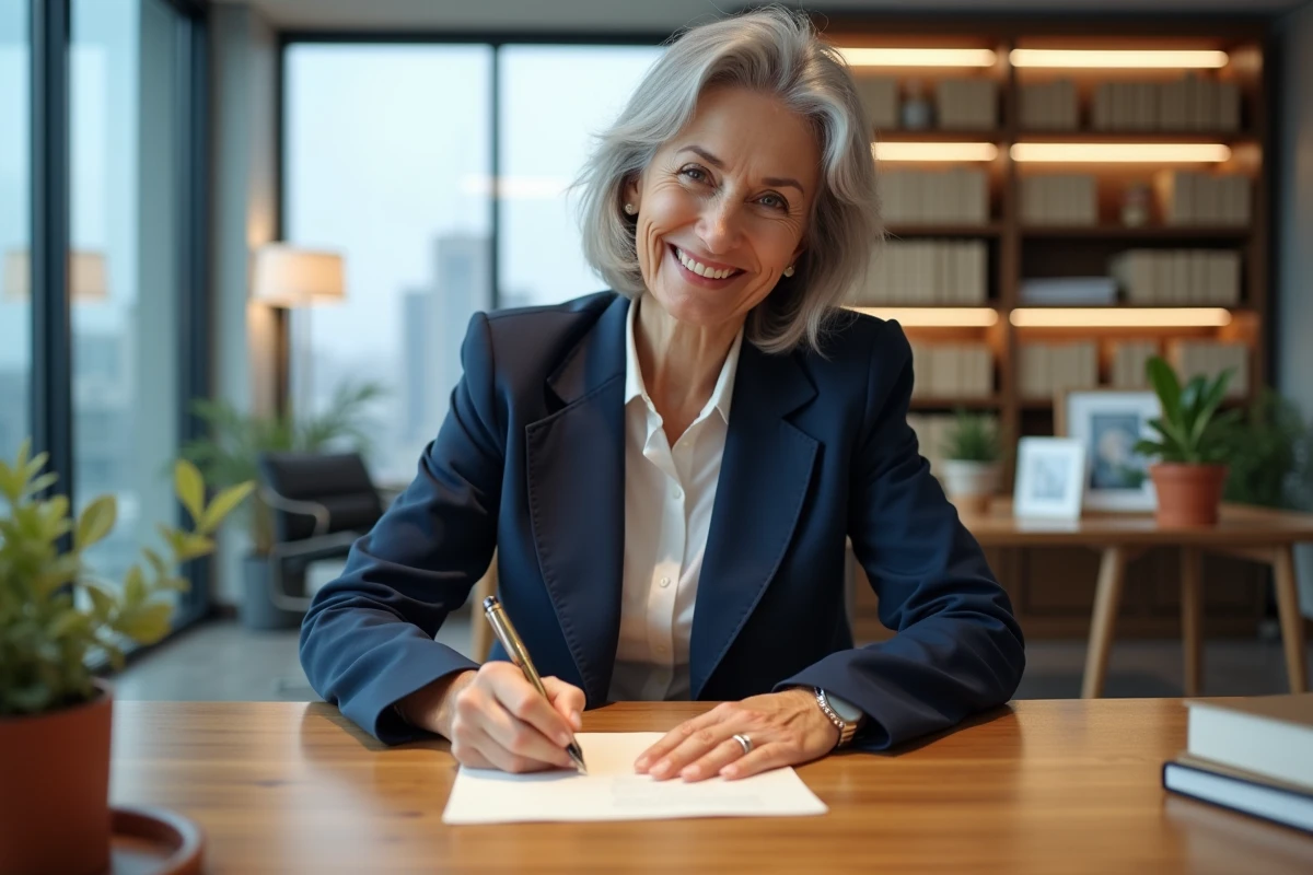 Femme souriante rédigeant un discours de retraite à son bureau dans un cadre de bureau professionnel