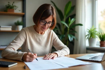 Femme d'âge moyen remplissant un formulaire de retraite dans un bureau moderne