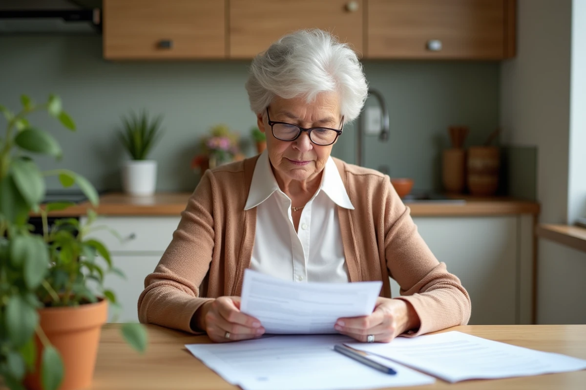 Femme retraitée examine documents de pension dans une cuisine lumineuse