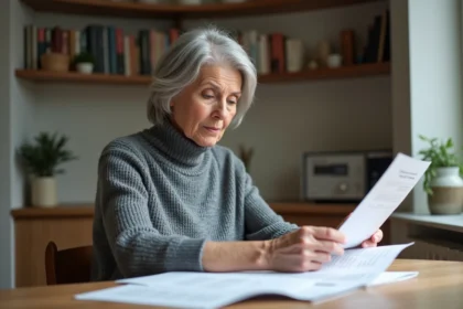 Femme retraitée examine des papiers dans son appartement parisien