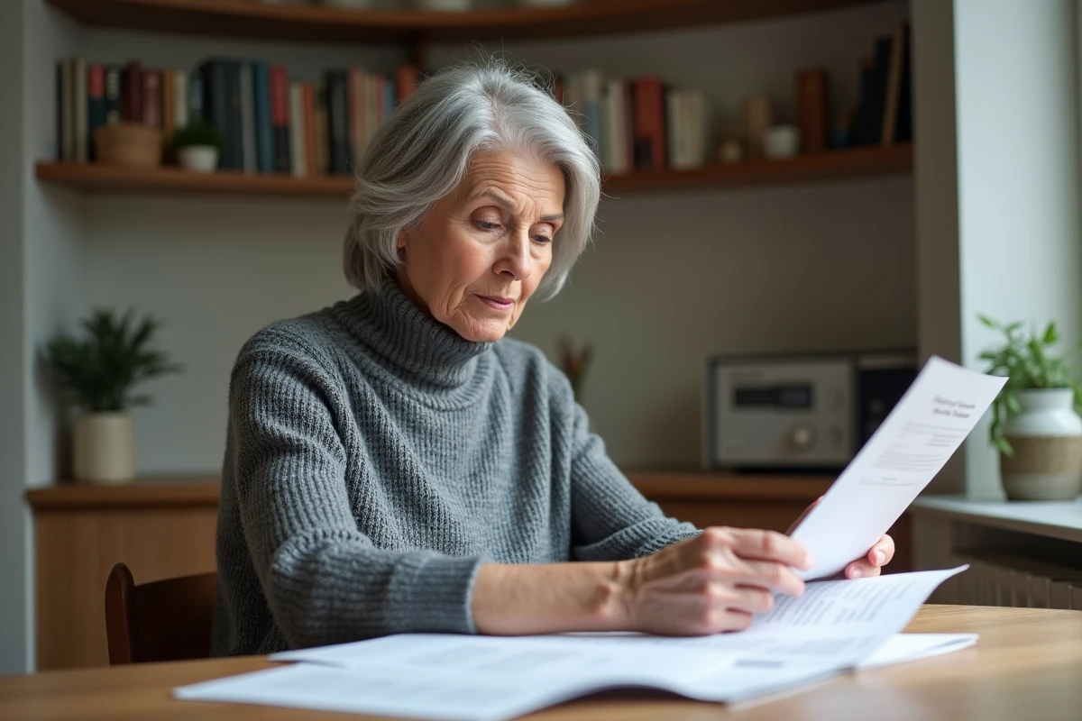 Femme retraitée examine des papiers dans son appartement parisien