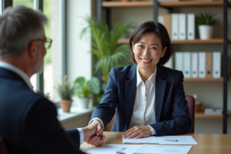 Femme d'âge moyen souriante serre la main d'un conseiller en retraite