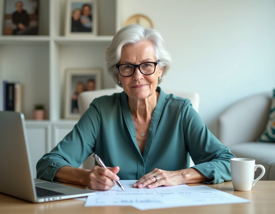 Femme retraitée seule consultant un tableau de bord financier sur son ordinateur portable dans un bureau à domicile