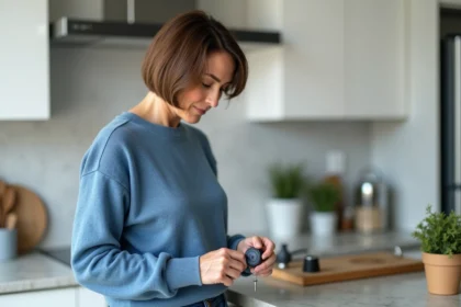 Femme d'âge moyen attachant un alarmes personnel à ses clés dans une cuisine moderne