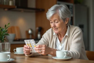 Femme senior tenant une plaquette de compléments alimentaires Azinc avec une expression préoccupée dans une cuisine chaleureuse