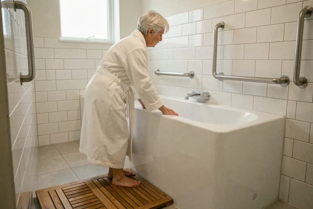 Femme senior entrant dans une baignoire PMR avec barres d'appui et seuil bas dans une salle de bain accessible