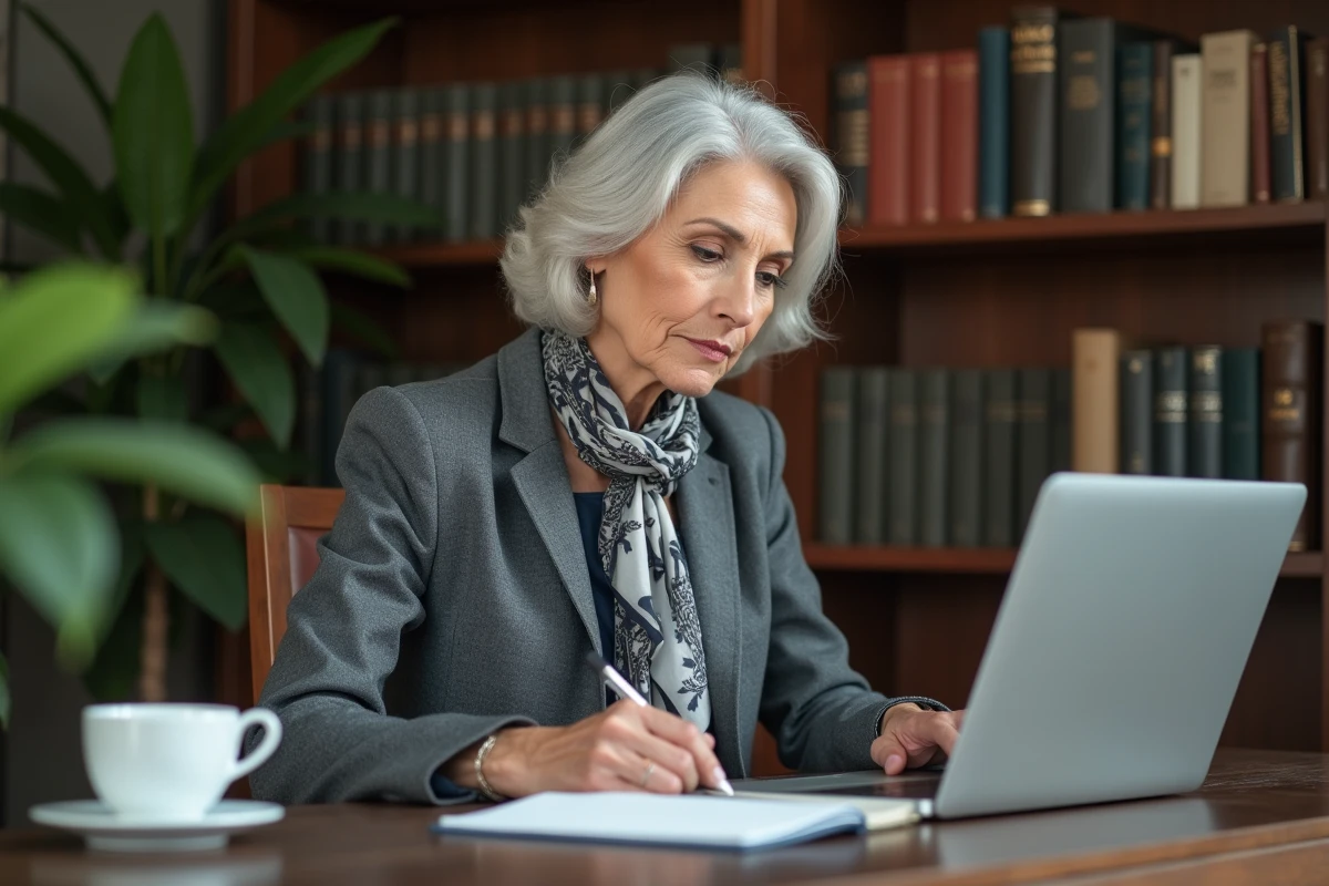 Femme senior en bureau à la maison en train de prendre des notes