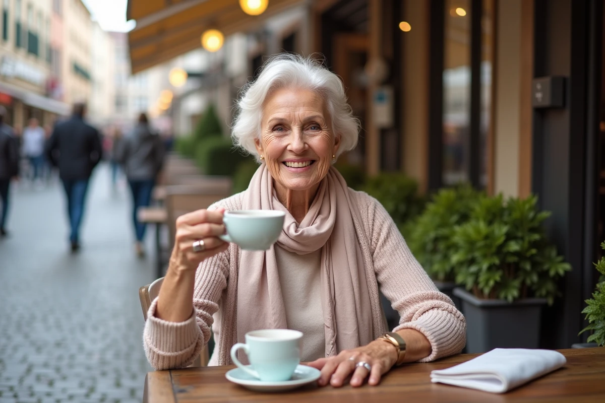 Femme senior souriante levant son café en terrasse